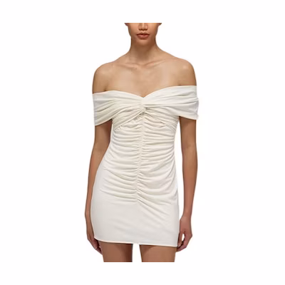 (Women) Self-Portrait SS22 Off-Shoulder Cross Pleated Ivory White Short Dress for Women SWF332Y13700