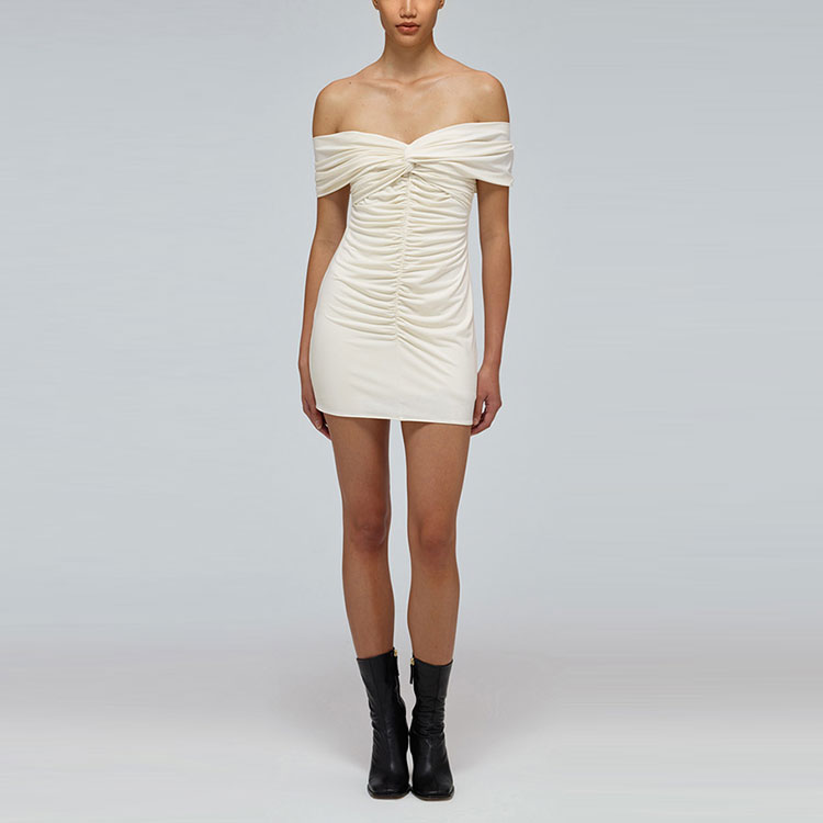 (Women) Self-Portrait SS22 Off-Shoulder Cross Pleated Ivory White Short Dress for Women SWF332Y13700 圖 3