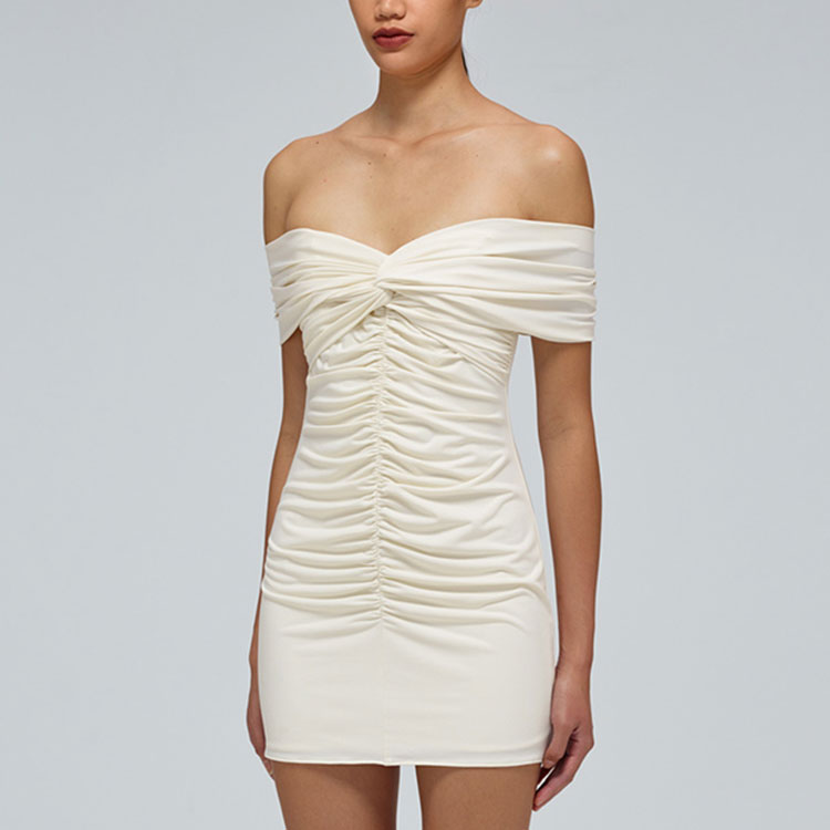 (Women) Self-Portrait SS22 Off-Shoulder Cross Pleated Ivory White Short Dress for Women SWF332Y13700 圖 4