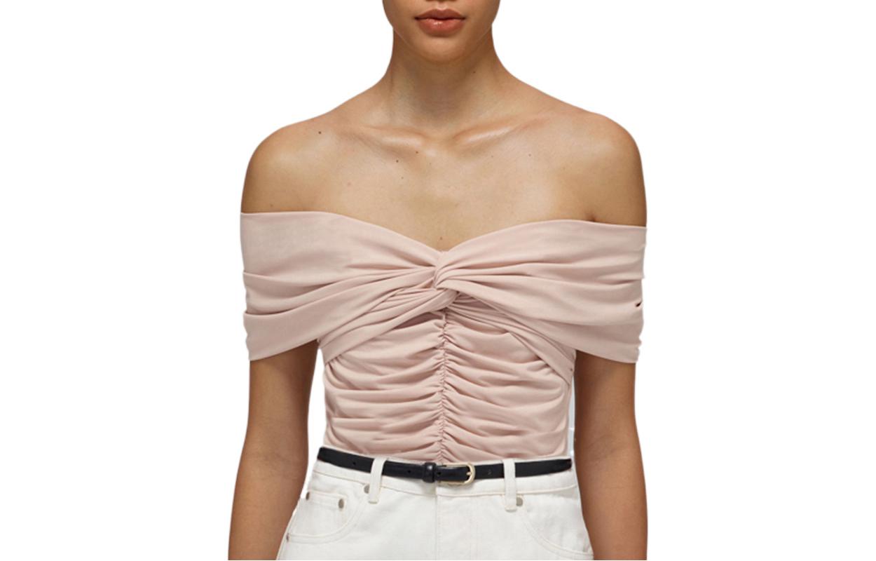 (Women) Self-Portrait SS22 Off-Shoulder Short Sleeve T-Shirt  Light Brown. SWF332C02000