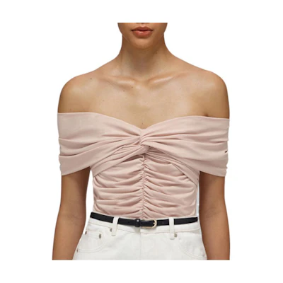 (Women) Self-Portrait SS22 Off-Shoulder Short Sleeve T-Shirt Light Brown. SWF332C02000