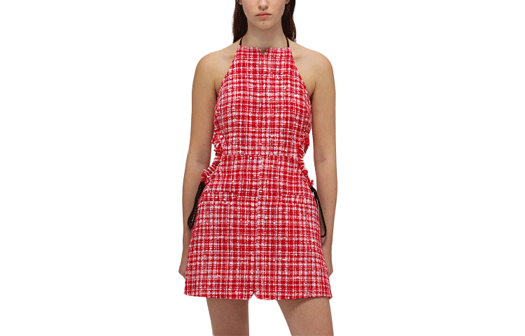 (Women) Self-Portrait SS22 Pink Plaid Halter Midi Dress - Elegant Slim Fit Princess Style SWF332Y12200