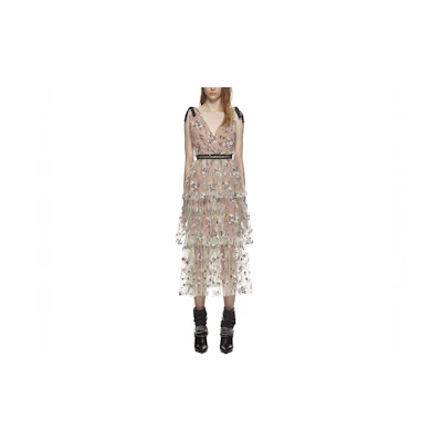(Women) Self-Portrait SS22 Pink Sequin Floral V-Neck Sleeveless Gown Dress for Women SWF325Y16400