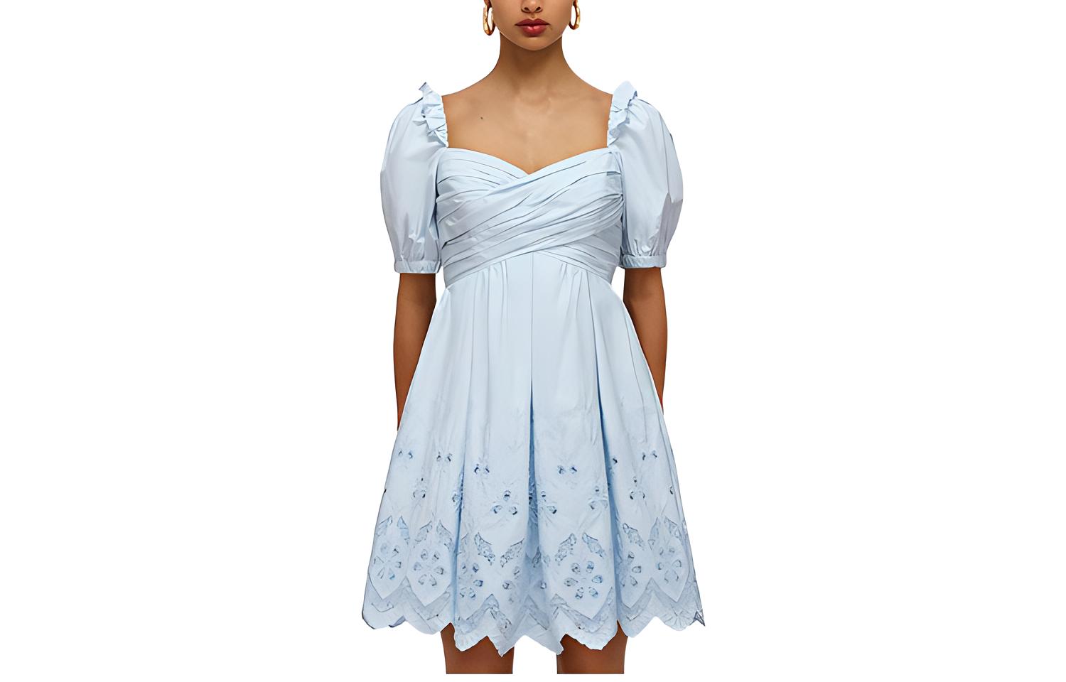 (Women) Self-Portrait SS22 Pleated A-Line Short Sleeve Dress Sky Blue SWF331Y05500