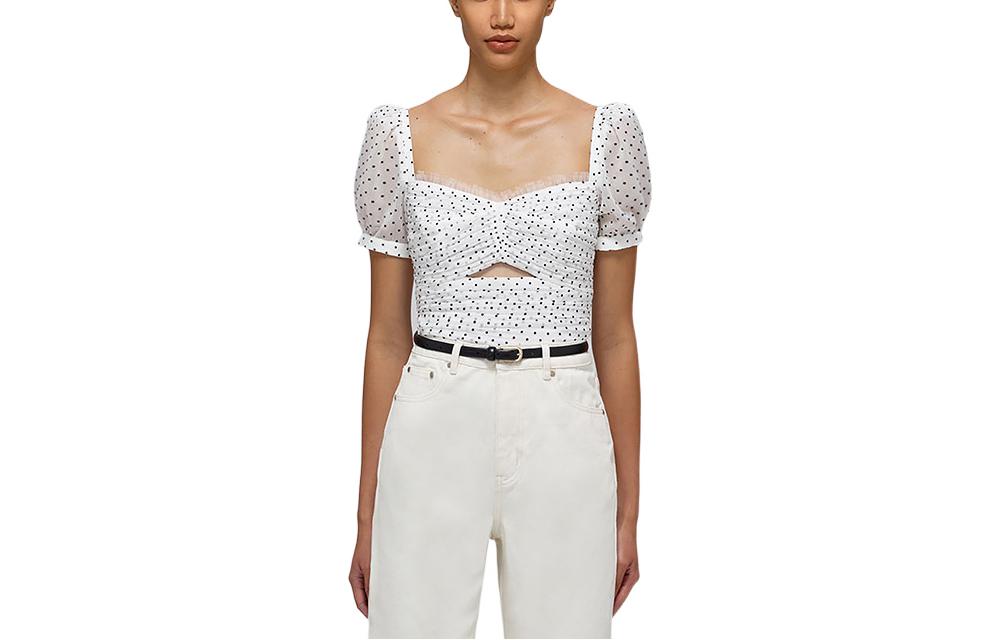 (Women) Self-Portrait SS22 Polka Dot Puff Sleeve Shirt  White SWF332C02600