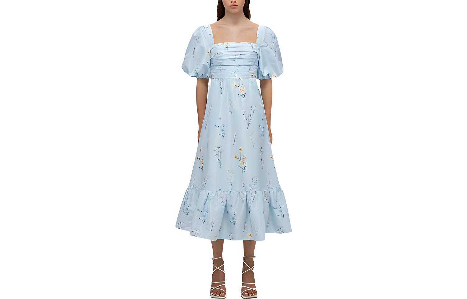 (Women) Self-Portrait SS22 Puff Sleeve Floral Maxi Dress for Women in Blue. SWF332Y17400