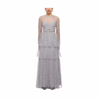 (Women) Self-Portrait SS22 Sequin Tulle Long Sleeve Evening Gown Party Dress - . SWF331Y07400