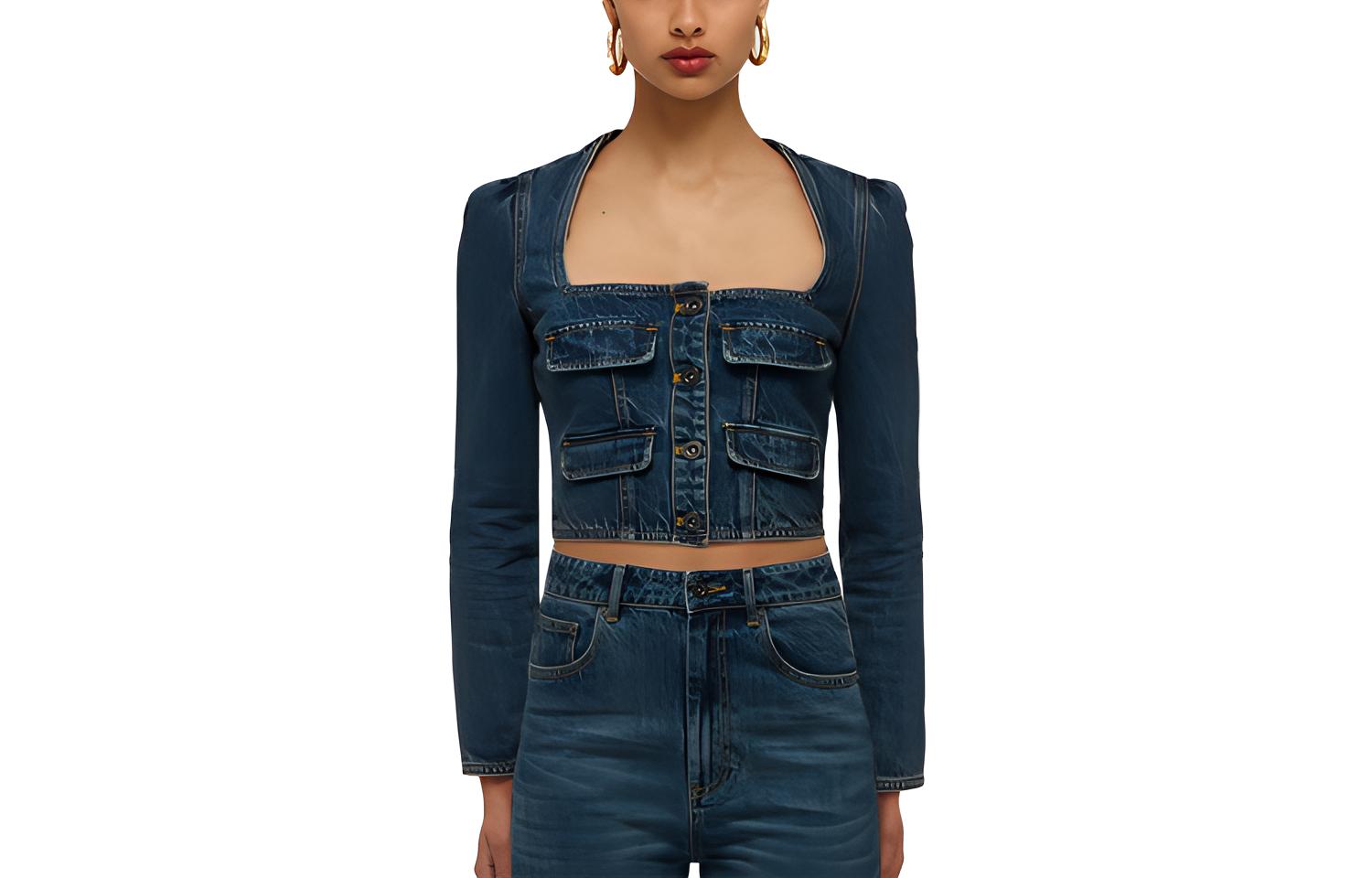 (Women) Self-Portrait SS22 Square Neck Pocket Denim Jacket Women Blue SWF331C01600