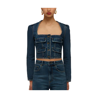 (Women) Self-Portrait SS22 Square Neck Pocket Denim Jacket Women Blue SWF331C01600