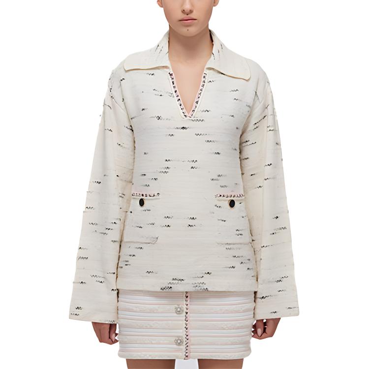 (Women) Self-Portrait SS22 Striped V-Neck Long Sleeve Polo Knitted Sweater Women Beige. SWF332M07600