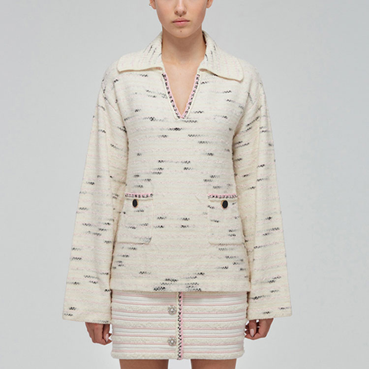 Details for (W) Self-Portrait SS22 條紋V領長袖針織毛衣 女士 米色 SWF332M07600