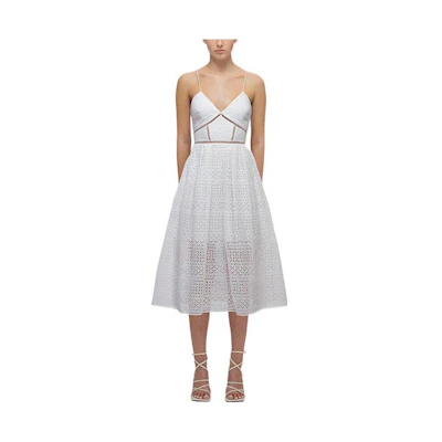 (Women) Self-Portrait SS22 White Floral Geometric Lace Sleeveless Midi Dress for Women SWF332Y20900