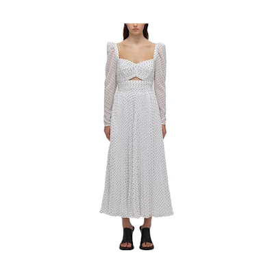 (Women) Self-Portrait SS22 White Polka Dot Cutout Maxi Dress Long Sleeve Holiday Style SWF332Y15900