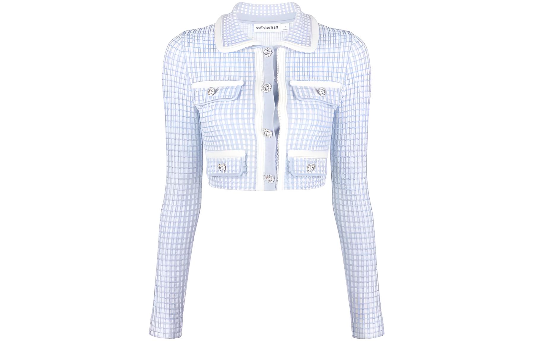 (Women) Self-Portrait SS23  Check Knit Cropped Long Sleeve Top Light Blue SS23046JBL