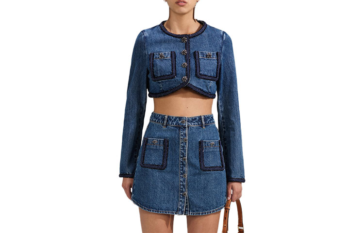 (Women) Self-Portrait SS23  Cropped Casual Denim Jacket in Blue. SWF341T00500