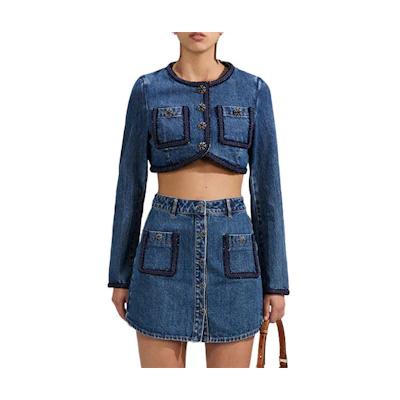 (Women) Self-Portrait SS23 Cropped Casual Denim Jacket in Blue. SWF341T00500