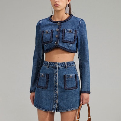 (W) Self-Portrait SS23 藍色休閒短版牛仔外套。 SWF341T00500 Shop (W) Self-Portrait SS23 藍色休閒短版牛仔外套。 SWF341T00500