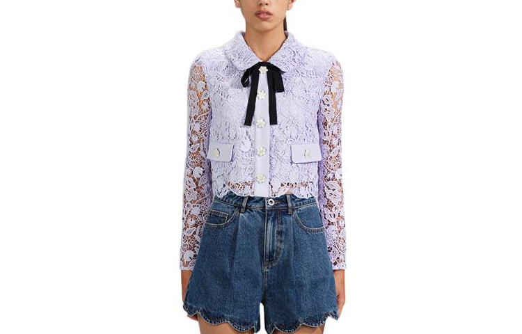 (Women) Self-Portrait SS23  Lilac Purple Lace Bow Blouse SWF341T00200
