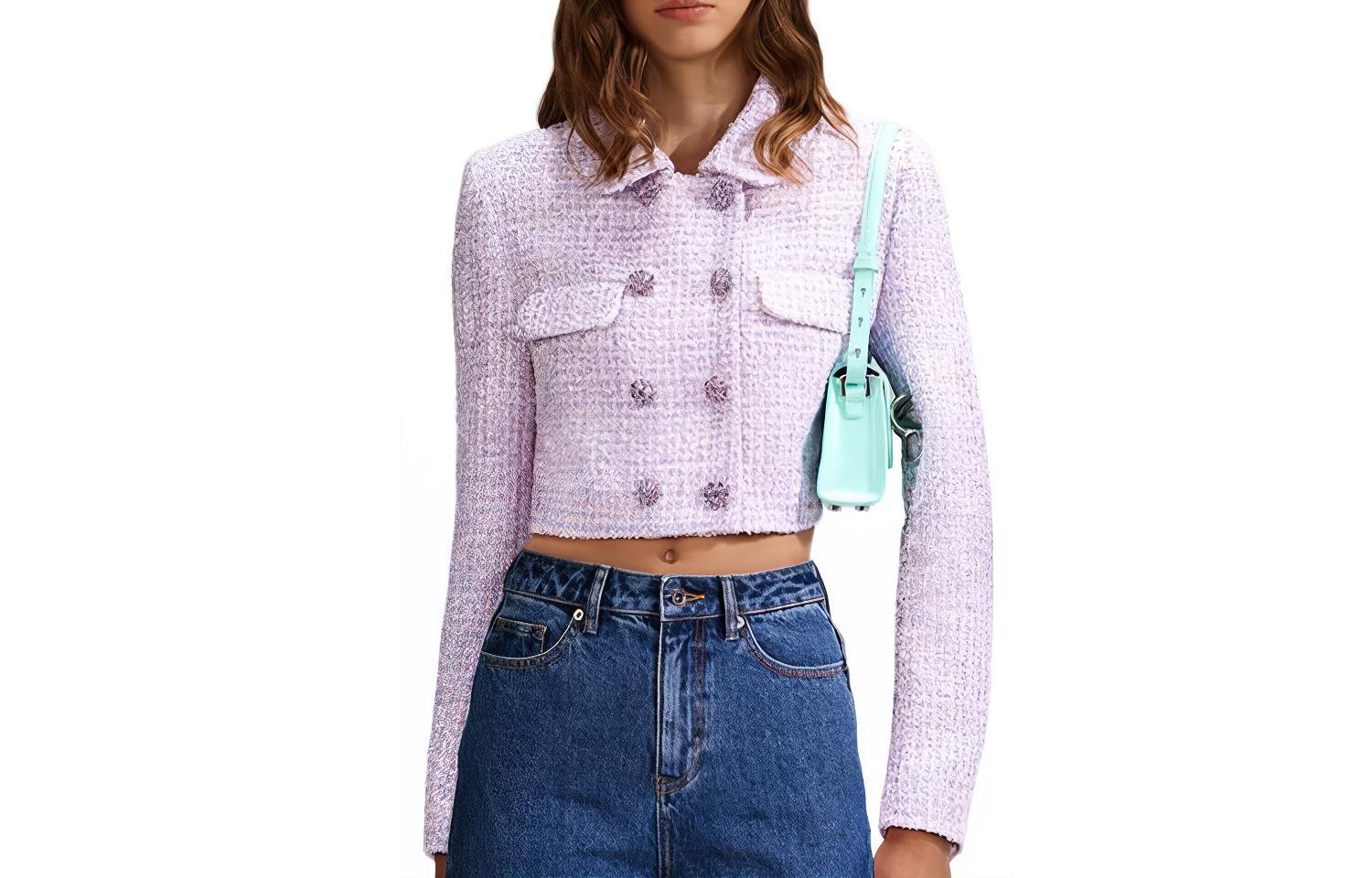 (Women) Self-Portrait SS23  Purple Cropped Tweed Blazer Long Sleeve Jacket. SWF342T01000