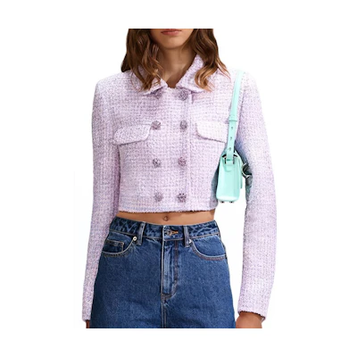 (Women) Self-Portrait SS23 Purple Cropped Tweed Blazer Long Sleeve Jacket. SWF342T01000