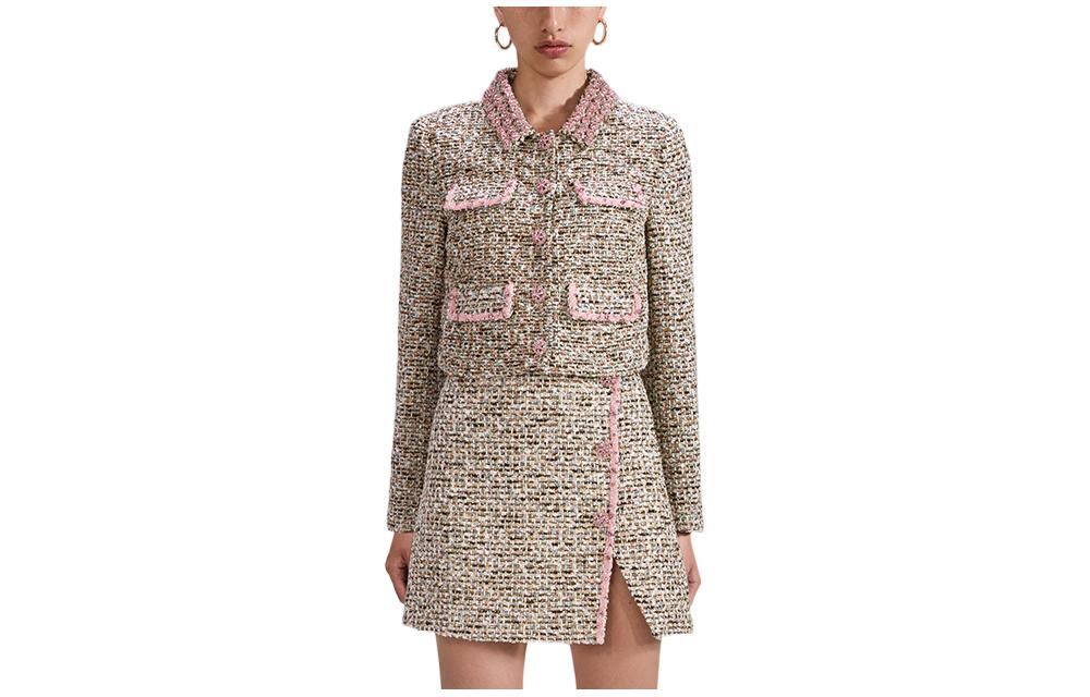 (Women) Self-Portrait SS23  Tweed Coat with Contrast Trim in Gray/Red Pink. SWF341T00800
