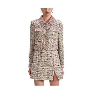 (Women) Self-Portrait SS23 Tweed Coat with Contrast Trim in Gray/Red Pink. SWF341T00800