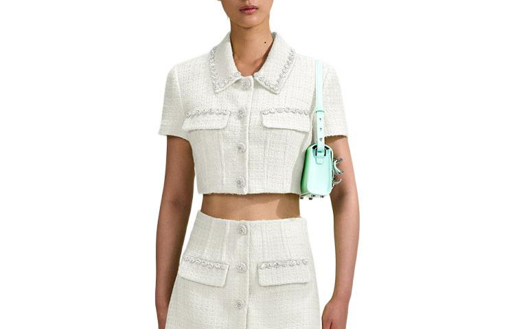 (Women) Self-Portrait SS23  White Cropped Jacket with Embellished Details. SWF342C04400