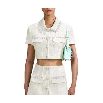 (Women) Self-Portrait SS23 White Cropped Jacket with Embellished Details. SWF342C04400
