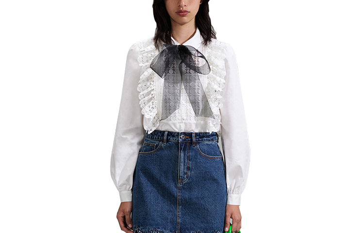 (Women) Self-Portrait SS23  White Lace Long-Sleeve Shirt with Bow Detail SWF341C01300