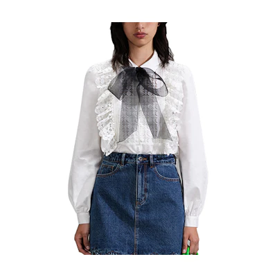 (Women) Self-Portrait SS23 White Lace Long-Sleeve Shirt with Bow Detail SWF341C01300