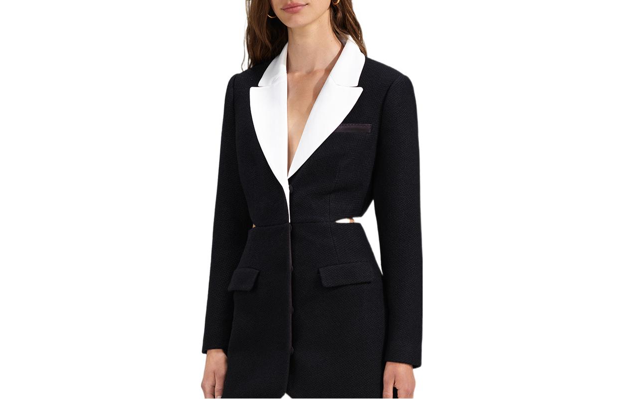 (Women) Self-Portrait SS23 Black Contrast Collar Waist Cutout Long Sleeve Elegant Dress SWF341Y02200