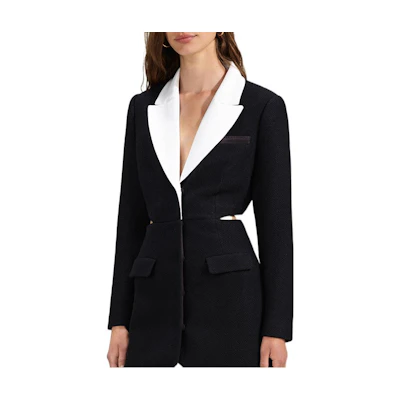 (Women) Self-Portrait SS23 Black Contrast Collar Waist Cutout Long Sleeve Elegant Dress SWF341Y02200