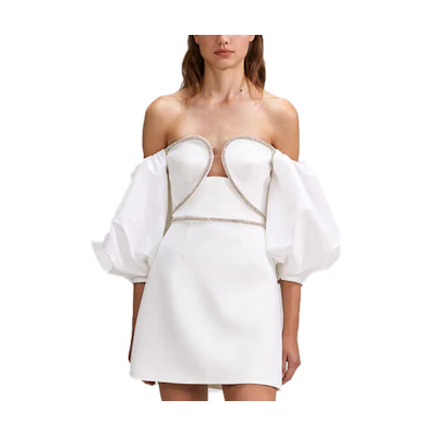 (Women) Self-Portrait SS23 Elegant Puff Sleeve Short Dress with Rhinestone Heart Detail. SWF342Y20900