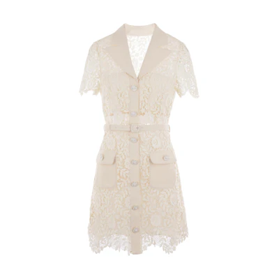 (Women) Self-Portrait SS23 Floral Lace Polo Collar White Midi Dress for Women - Off-White SS23114SCCREAM