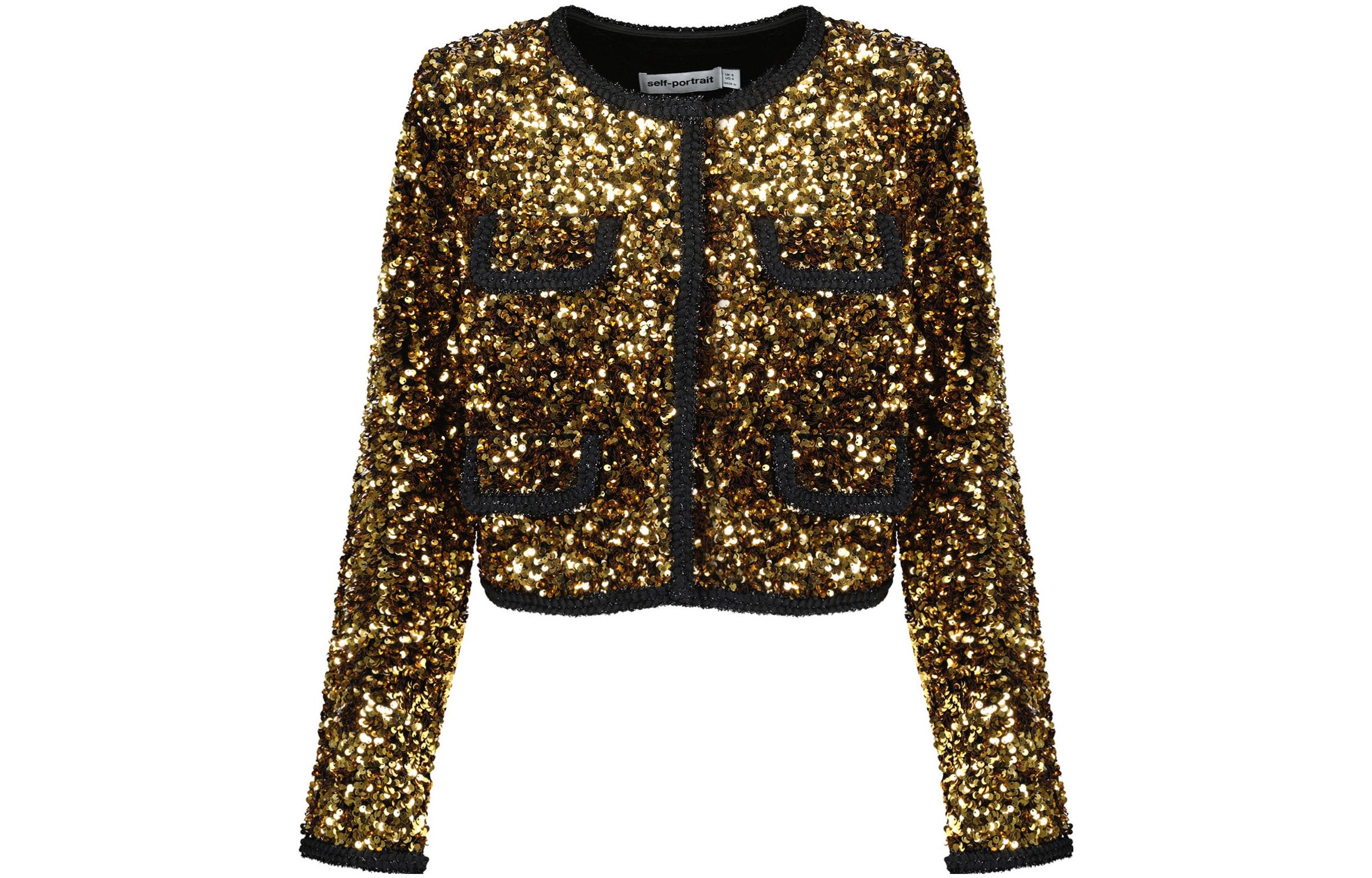 (Women) Self-Portrait SS23 Gold Sequin Long Sleeve Jacket for Women. SWF343T00300
