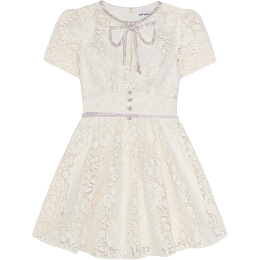 (Women) Self-Portrait SS23 Ivory Lace Dress with Bow and Rhinestone Details for Women. SWF343Y01700