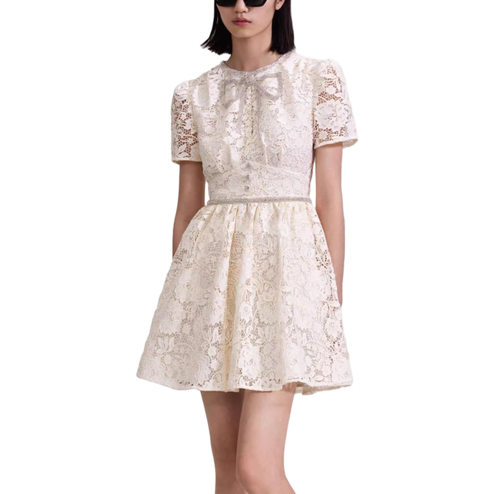 (Women) Self-Portrait SS23 Ivory Lace Dress with Bow and Rhinestone Details for Women. SWF343Y01700 圖 3