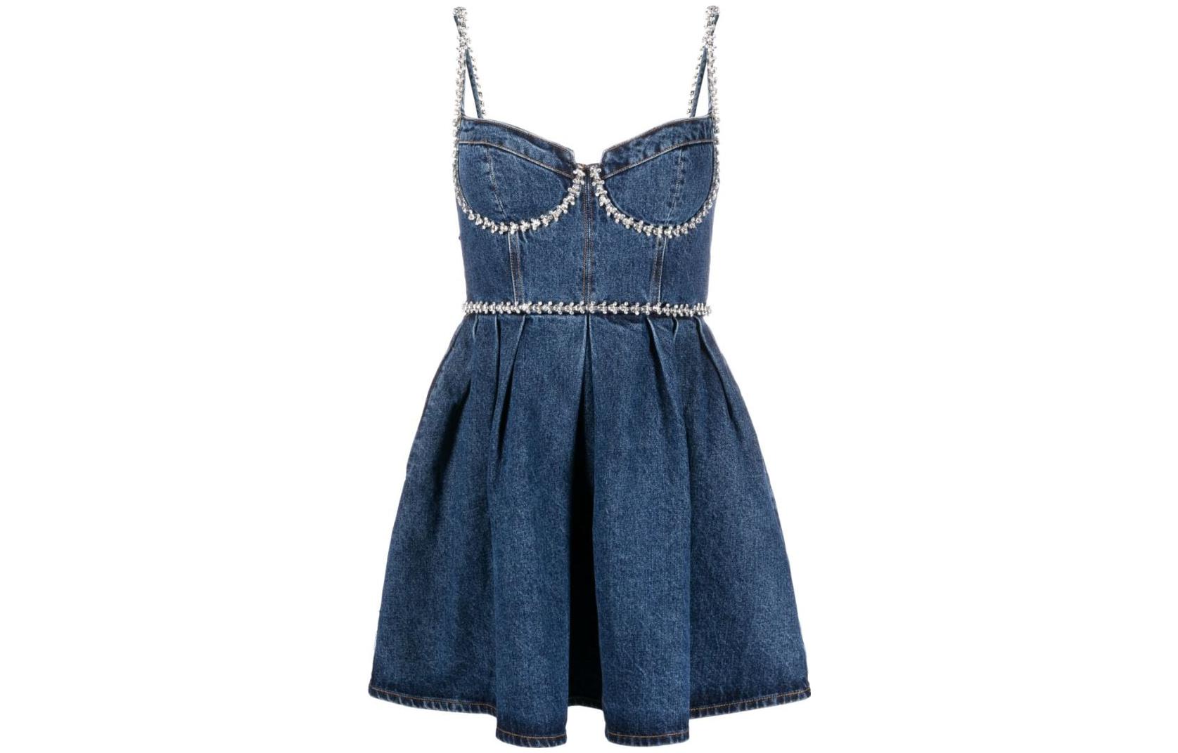 (Women) Self-Portrait SS23 Navy Rhinestone Denim V-Neck Sleeveless Slim Fit Dress. SWF343Y11900574