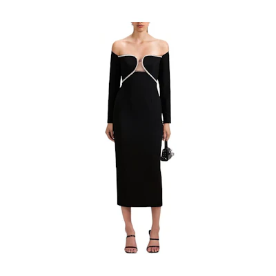 (Women) Self-Portrait SS23 Off-Shoulder Heart Neckline Embellished Long Sleeve Dress Women SWF341Y01300