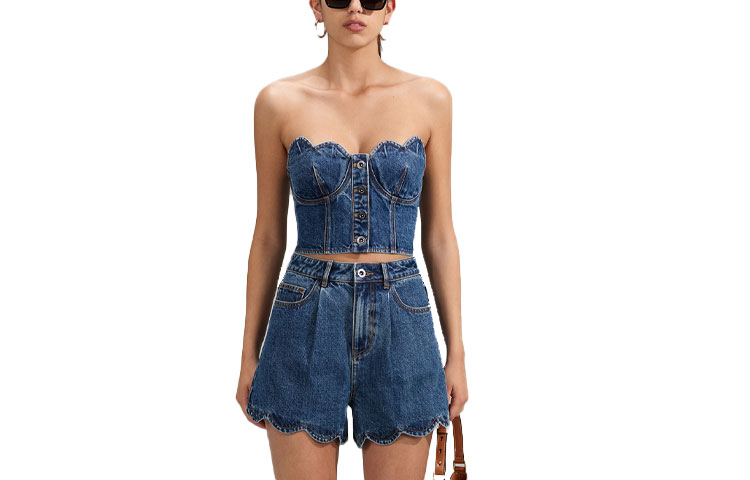 (Women) Self-Portrait SS23 Petal Crop Bustier  Denim Blue Top. SWF341B00200