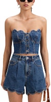 (Women) Self-Portrait SS23 Petal Crop Bustier Denim Blue Top. SWF341B00200 (Women) Self-Portrait SS23 Petal Crop Bustier Denim Blue Top. SWF341B00200
