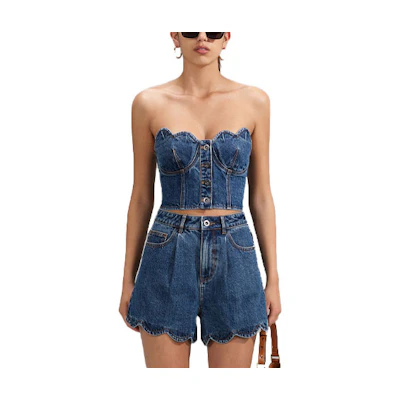 (Women) Self-Portrait SS23 Petal Crop Bustier Denim Blue Top. SWF341B00200