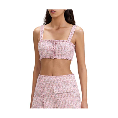 (Women) Self-Portrait SS23 Pink Plaid Crop Tank Top Sleeveless Fashion Vest SWF341B00100