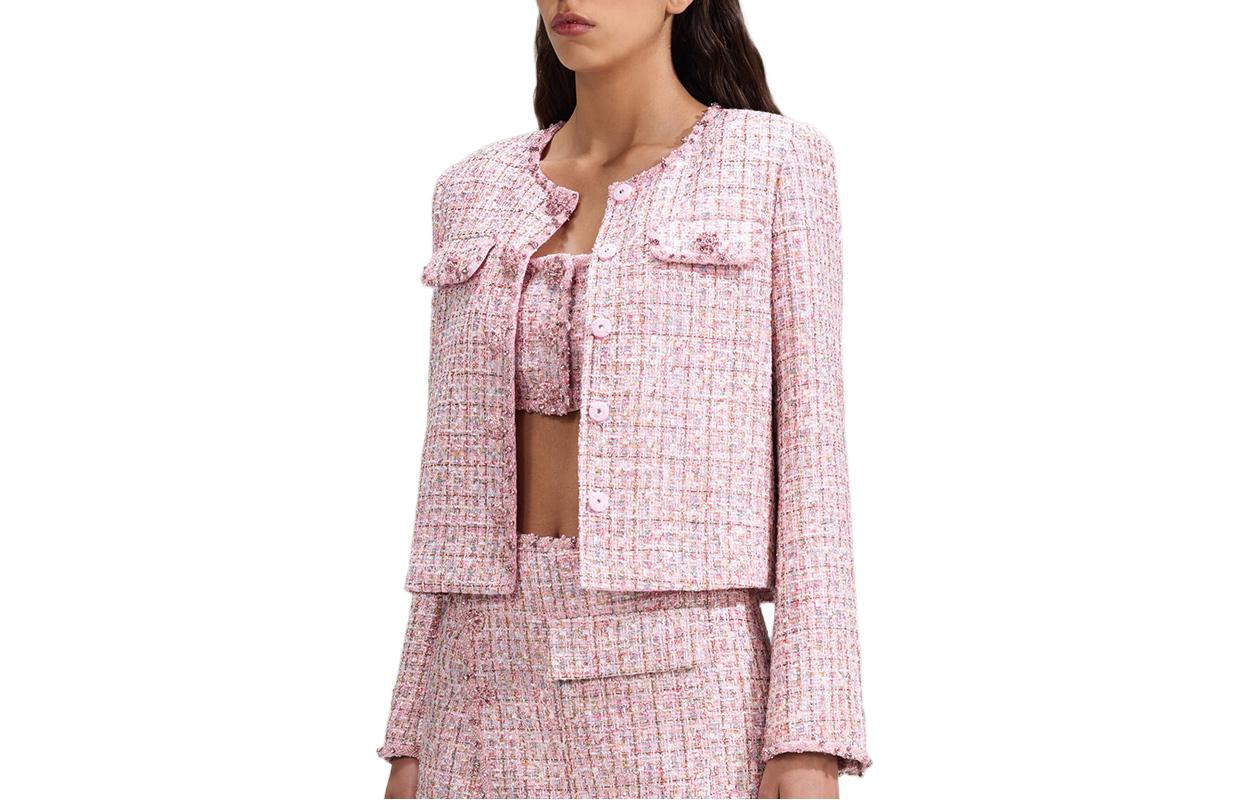 (Women) Self-Portrait SS23 Pink Plaid Knit Tweed Cropped Cardigan Jacket  Sweater SWF341T00400