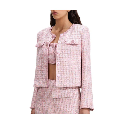 (Women) Self-Portrait SS23 Pink Plaid Knit Tweed Cropped Cardigan Jacket Sweater SWF341T00400