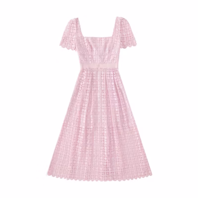 (Women) Self-Portrait SS23 Pink Puff Sleeve Square Neck Midi Dress for Women. SWF341Y05400