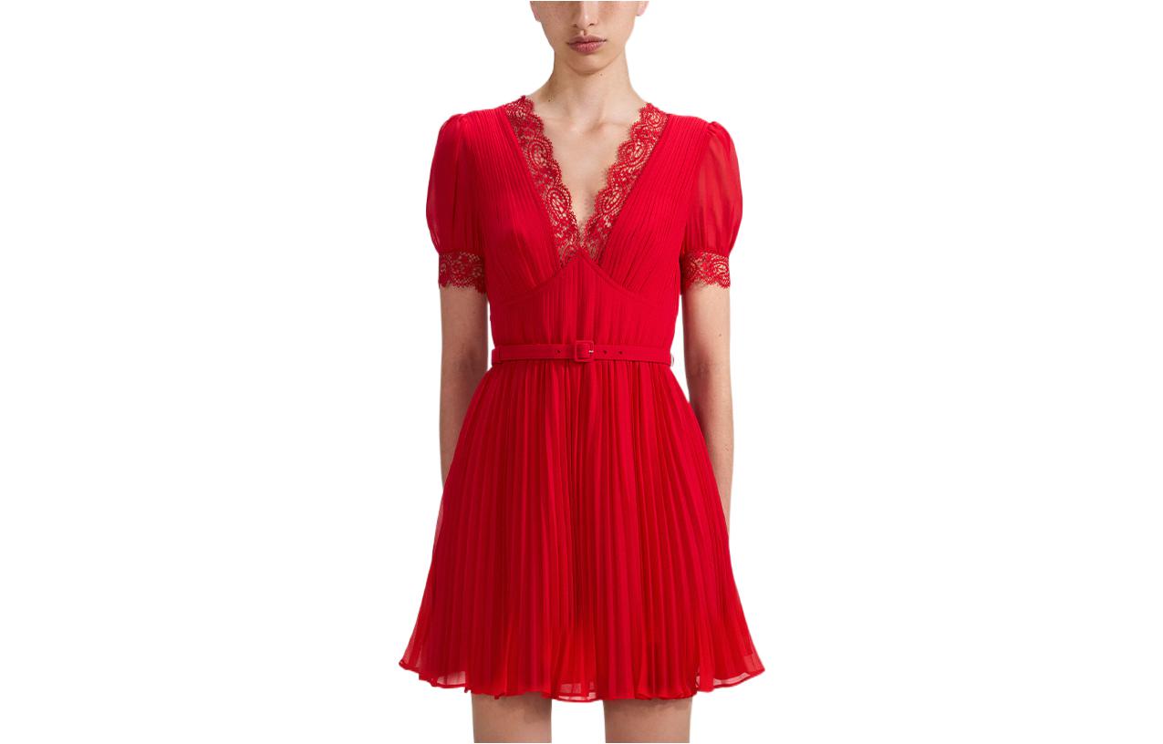 (Women) Self-Portrait SS23 Red Lace V-Neck Short Sleeve Bridesmaid Dress for Women. SWF341Y07700