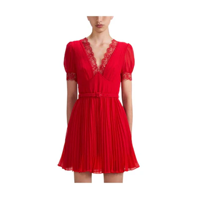 (Women) Self-Portrait SS23 Red Lace V-Neck Short Sleeve Bridesmaid Dress for Women. SWF341Y07700