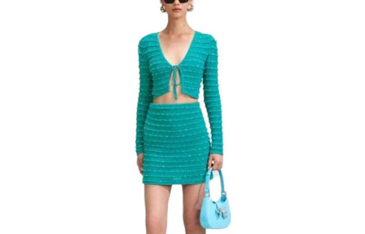 (Women) Self-Portrait SS23 Sheer Knit Cropped Cardigan Blue  Long Sleeve. 180JAGREEN