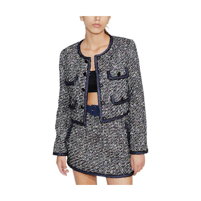 (Women) Self-Portrait SS23 Tweed Sequin Cropped Jacket - Mixed Black SWF341T00300